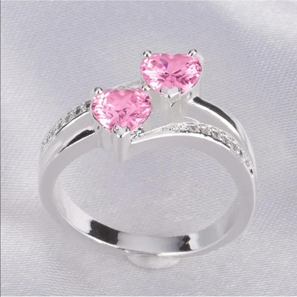 New Two Hearts 925 Silver Beautiful Pink Sapphire Ring - Picture 3 of 5
